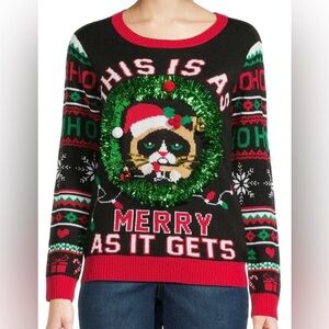 Christmas Sweater Festive Cat No Boundaries Size XXL (19) Pit to Pit 23” X 27” L